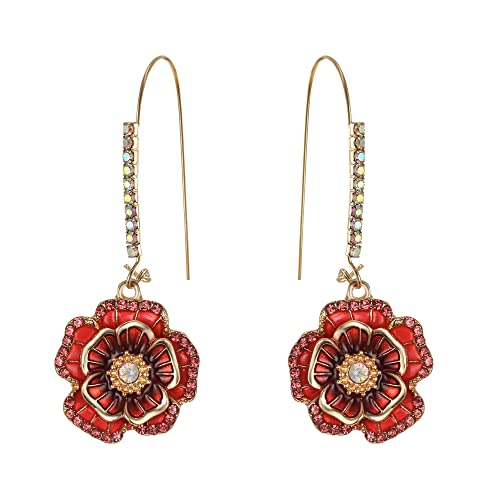 BriLove Fashion Elegant Rhinestone Enamel Rose Flower Hook Dangle Earrigns for Women Ruby Color Gold-Toned
